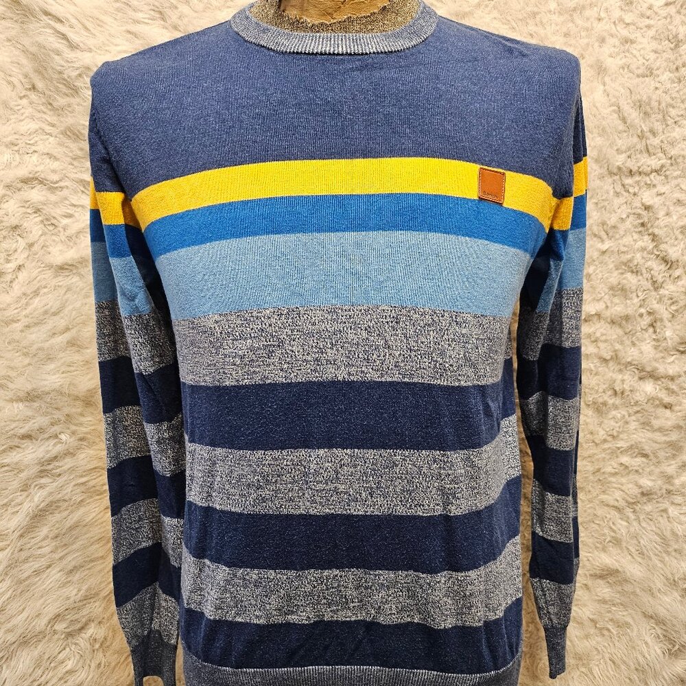 Bench Man's Blue Gray Yellow Strip Crew-Neck Sweater Size: M